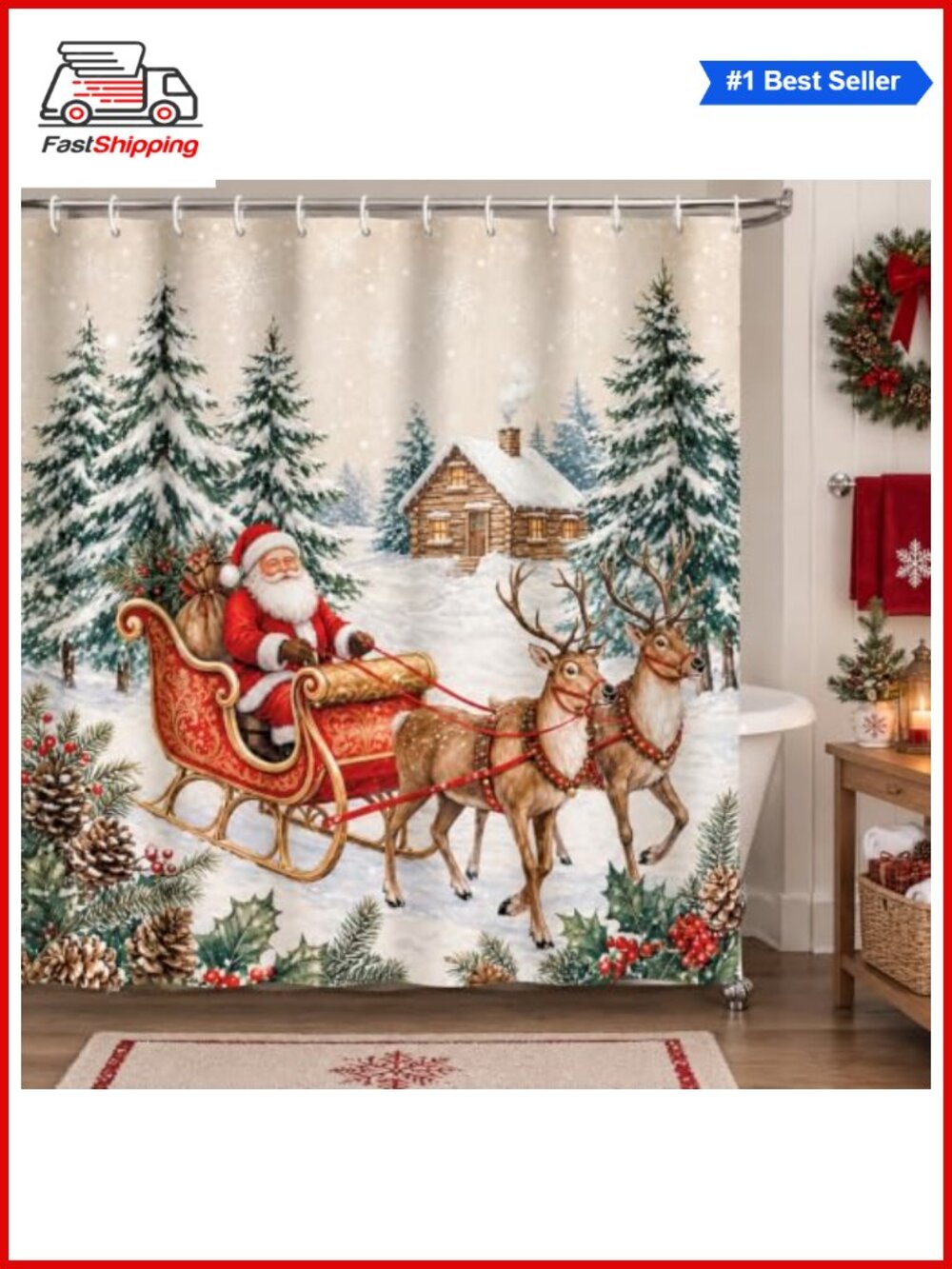 🎅 Christmas Shower Curtain Santa Sleigh Reindeer Winter Forest Cabin 72x72
